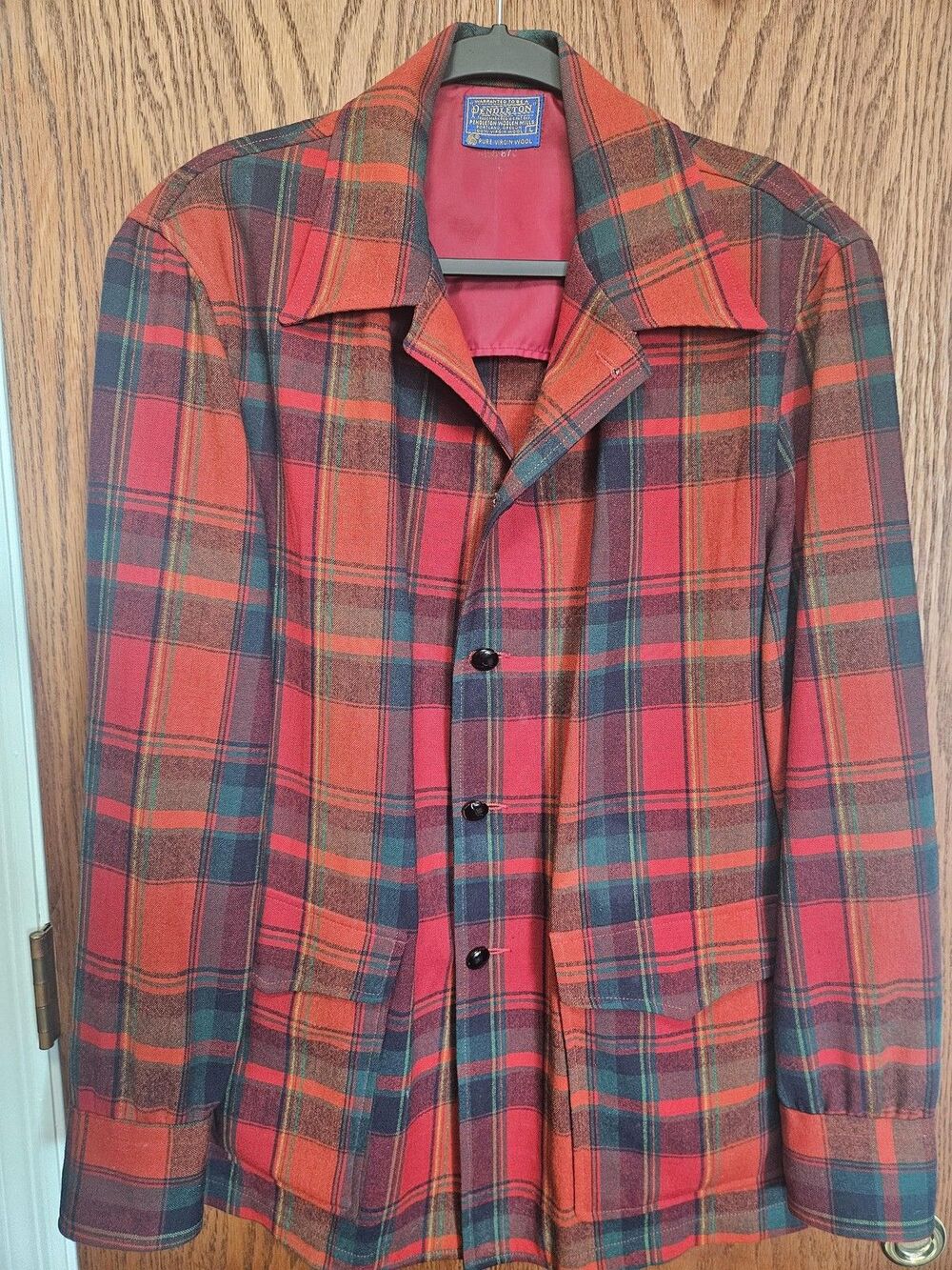 Classic Vintage Pendleton Jacket Large Red Plaid Wool Lined Overcoat Outdoor